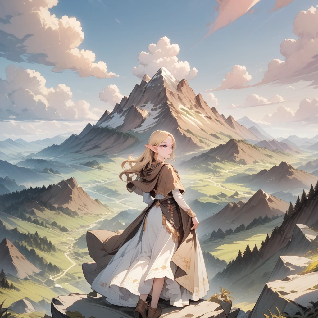 ((source_anime)), rating_safe, score_9, score_8_up, score_7_up, animepastelz, on the fantasy adventure, a beautiful elf girl looking back at the mountain trail, rocky mountain, valley, travel outfit, long brown cloak, view from behind, long hair, blonde hair, purple eyes,
