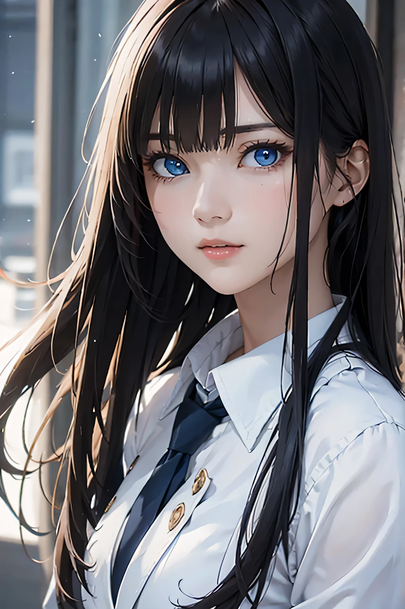 8K resolution ,(( best quality )), ultra high definition,Adult female, Alone, sexy, ( expressionless), ( blue eyes), beautiful symmetrical face , ( long black hair ,length to cover eyes ), white business shirt, suit pants, realistic:1.4, realistic:1.4,(masterpiece:1.2), perfect eyes,( open your mouth:1.3),sit, Night Tavern,mercenary,strong