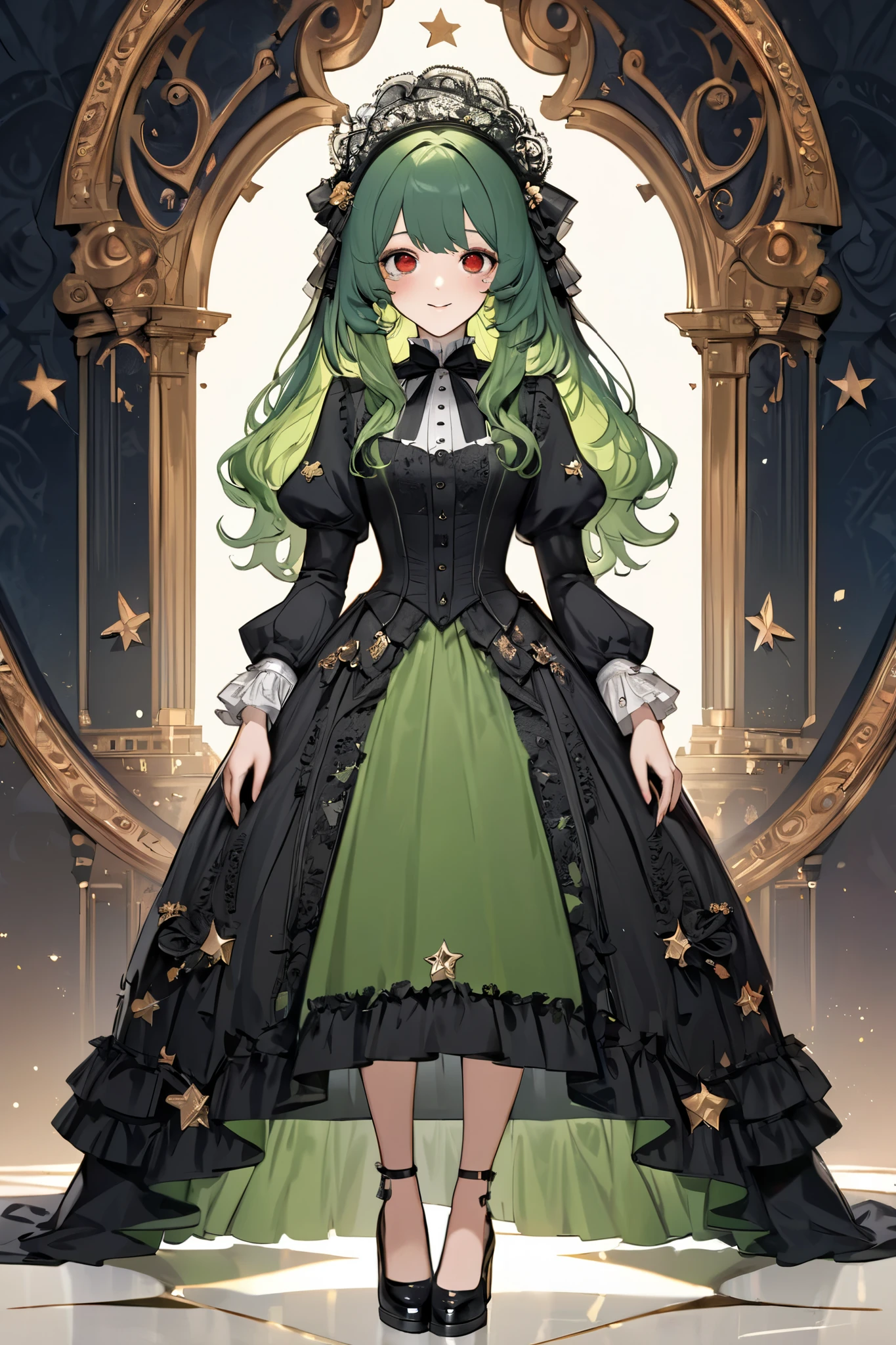 (extreamly delicate and beautiful:1.2), 8K,(masterpiece:1.0),(best_quality:1.0), 1 girl, half body and intricate detailing, Enlarged textures, and intricate detailing, finely eye and detailed face, one star symbol mark on on the right cheek, and intricate detailing, green long hair, (sweet smiley), Perfect eyes, Equal eyes, red eyes (A famale god) with Victorian lady dress, look at camera, green long HAIR, Red EYES, green long HAIR, red EYES, one star symbol mark on on the right cheek, Full body, victorian lady dress, full body, perfect picture, backround castil