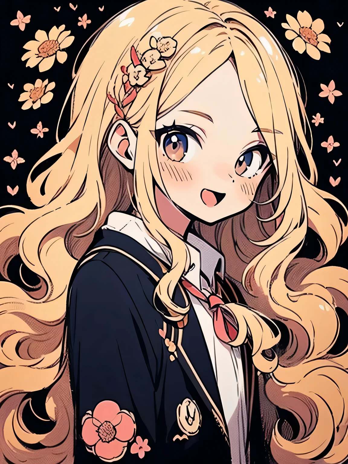 sideview,looking at viewer,Alone,( upperbody ),blonde wavy long hair,forehead, Birth of Venus ,poisonous flower,surprise open mouth , detailed eyes,cute face,red school blazer clothes, mini pleated skirt, absolute domain,Black socks,Land of Roses , Scallop Stage, beauty,Masterpiece,(manga style),(sketch),(illustration),best quality, High Quality