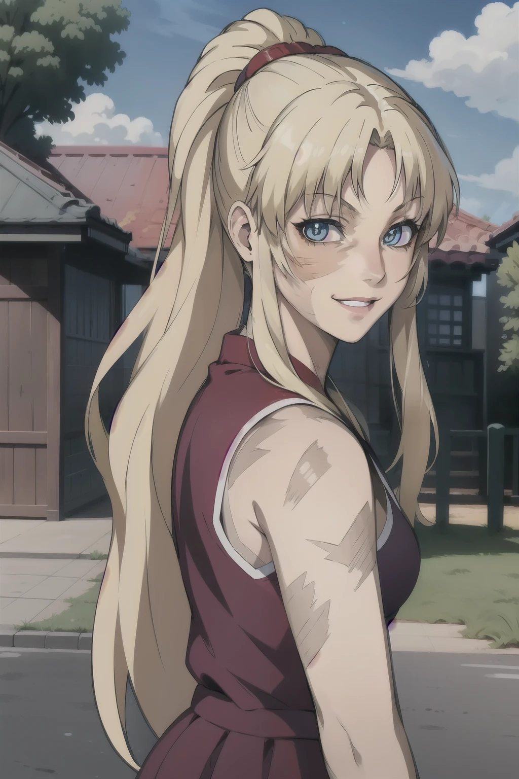 (Anime), ( illustration), cartoon,   Details, Balarca,  from the side 1 girl , Alone,  long hair,  blue eyes, Blonde,  ponytail, scar, ,  burn scar , smile,   Audience  , , Cute 