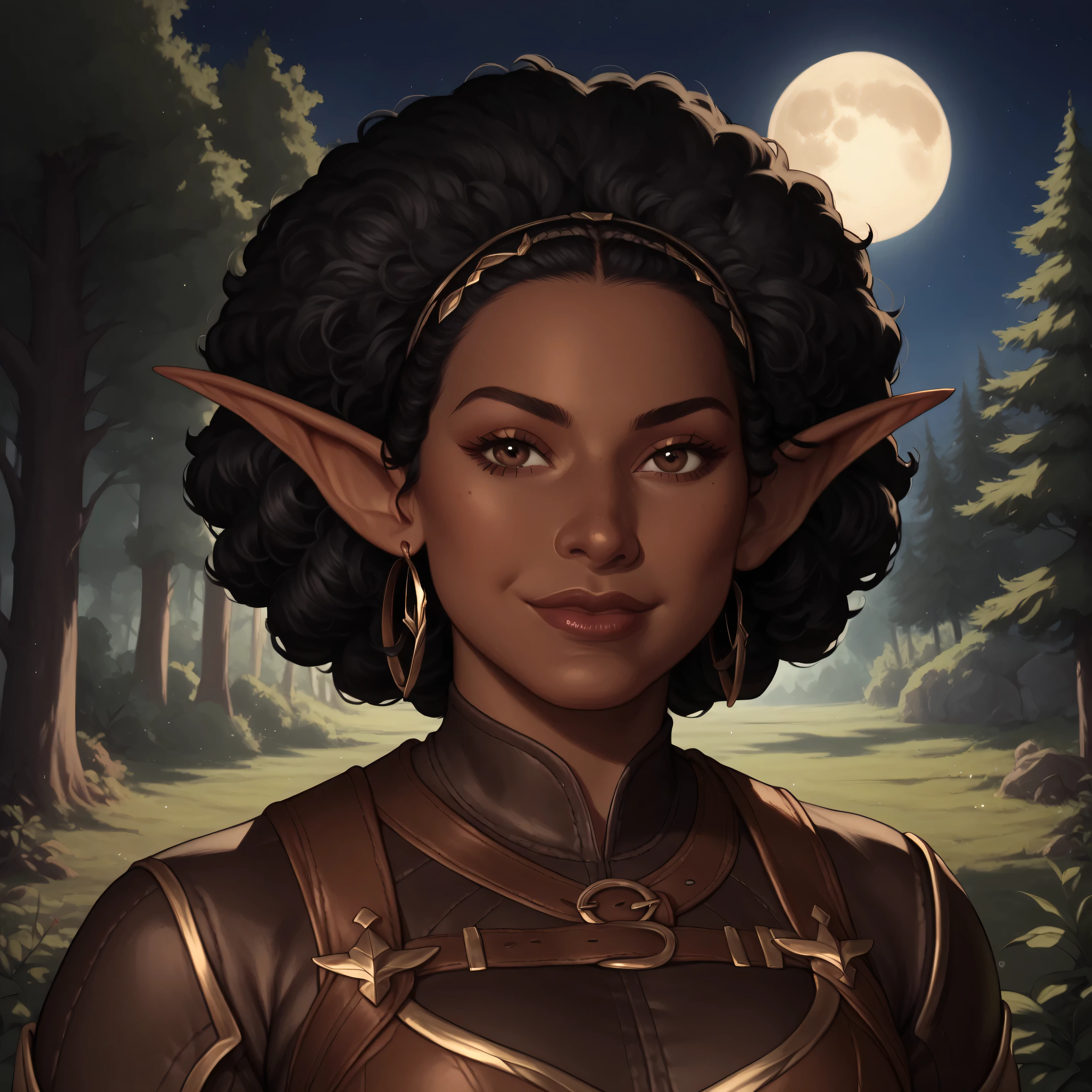 (((beautiful, high quality, comics style, detailed face))), score_9, score_8_up, score_7_up, BREAK, 1girl, solo, elf female, african, ebony skin, black hair, afro hair, thick hair, big dark-brown "doe" eyes, lovely easy smile, youthful features, fat, obese, brown leather armor, well-crafted, etched design on leather, at night, full moon, forest background, fantasy, blurred background, Expressiveh, detailxl, DeepNegative_xl_v1, zPDXL3