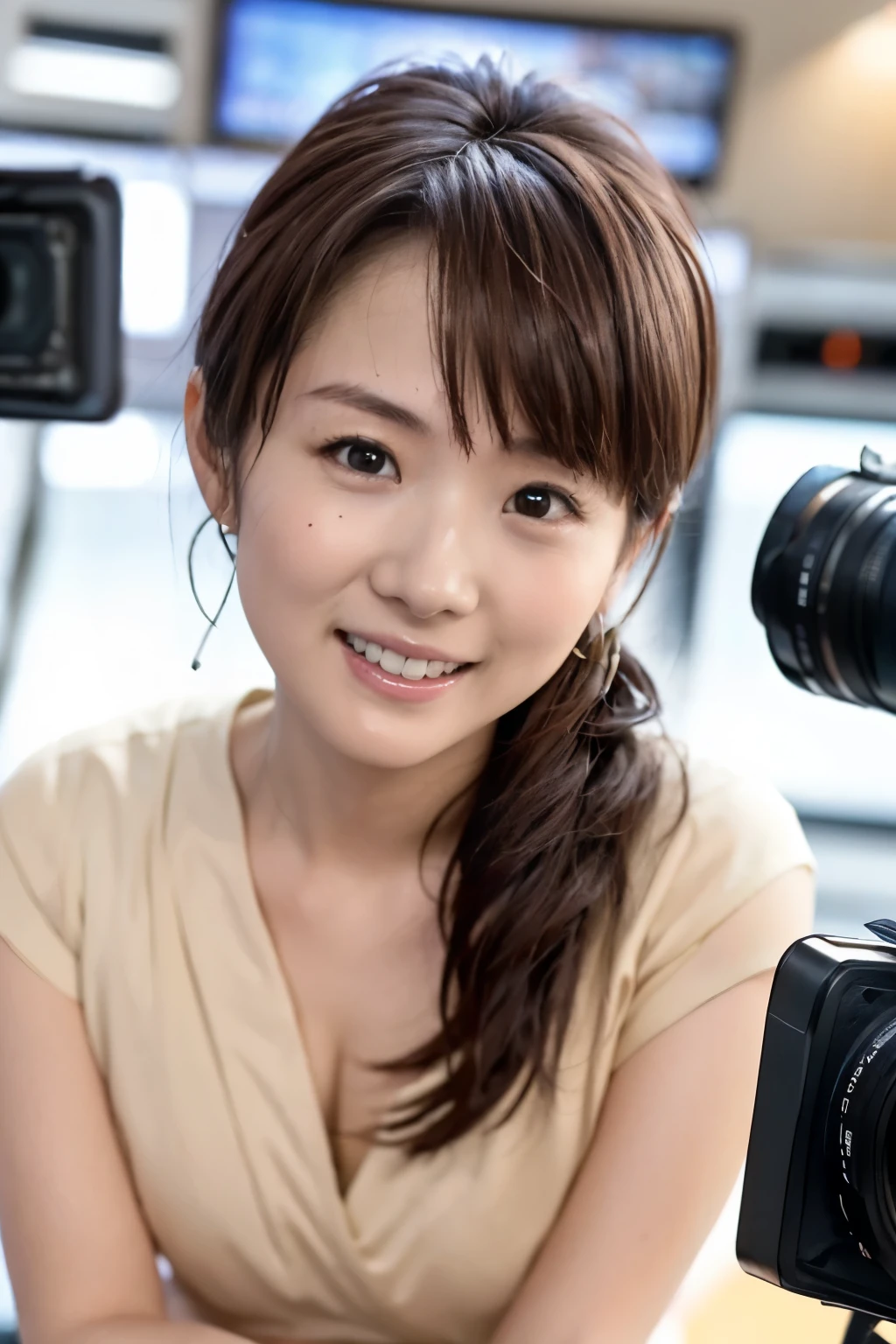 ( Top Quality, 8k, 32K, Masterpiece, Ultra Fine:1.2), 、 cute japanese girl , short black hair ,NEWS、bangs, 、 slender body、 slender body、Thin arms、Age 25、 Thin Waist, News Studio、、Live Broadcast、 smile at the camera.々 Camera Angle、Mister、 business suit