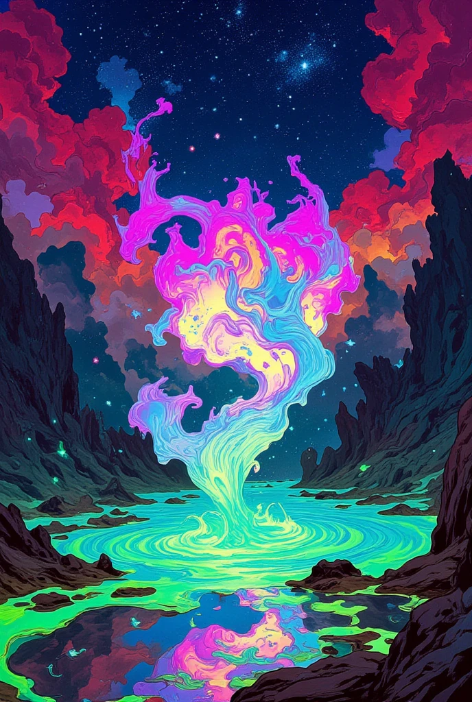 The title 'Flux  IPAdapter' is displayed prominently in bold, 3D letters.A surreal cosmic landscape featuring a glowing, ethereal catpaw suspended in the starry night sky. The catpaw appears to be melting, with vibrant, magenta and turquoise liquid energy swirling around it. The environment is otherworldly, with jagged glowing lime green crystals and shadowy mountains framing the scene. The sky is alive with stars and nebulas blending hues of deep indigo, purple, and magenta. Clouds tinted with warm bordeaux and crimson contrast the cool tones, adding depth. The flowing liquid radiates a mesmerizing luminescence, creating intricate ripples and light reflections across the ground. The atmosphere feels mystical and infinite, a fusion of cosmic power and ethereal beauty,celestial