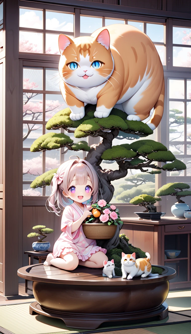 (masterpiece), (ultra-detailed), best quality, clear focus, dramatic scene, cinematic, shadow, (ultra-high resolution), (8k), perfect anatomy, perfect face, (detailed face), (detailed eyes), (chibi), cute Japanese chibi girl, famous Japanese chibi idol, very beautiful and cute and cool face, (wearing a cute pastel colored room wear with frills:1.2), (medium breasts), (She is holding colorful flowers with giant fat cat and showing it to viewers:1.3), (on the bonsai tree in the traditional Japanese room with a cute giant cat:1.3), (Japanese antique table, piles of mandarin oranges are in a basket on the table, on Tatami floor, Japanese antique furnishings with flower decorations), (spectacular huge Bonsai with flower decoration:1.2), gentle sunlight, the cat looks so happy with her, (the cute giant fat cats are climbing a bonsai and mewing:1.35), (detailed giant fat cats with detailed eyes:1.35), detailed cat's eyes, paw, she looks so happy, Outside the window is a snowy scene, happy smile