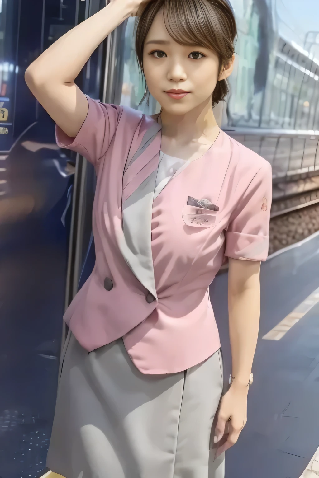 (Masterpiece:1.2, best quality :1.2), 32kHDR, there's nothing there, (Alone、 1 girl)、( On the roof of the building during the daytime 、 professional lights )、 against the roof of a building 、( Nankai train crew uniform pinkのリアルスタイル )、(( Nankai train crew uniform pink short sleeve jacket ))、((Nankai train crew uniform pink short sleeve collarless blouse ))、((Nankai train crew uniform pinkのグレーのラップキュロットスカート))、 dark brown hair 、( hair gathered、 hair bang、 hair bang)、 dark brown hair 、 long hit 、Big Breasted 、Thin legs、(( Amazing hands :2.0)),(( harmonious body proportions :1.5)),((Normal limbs:2.0)),((The usual :2.0)),(( Delicate eyes full of determination :2.0)),((Normal eyes:2.0)))、smile 、Hands crossed underneath