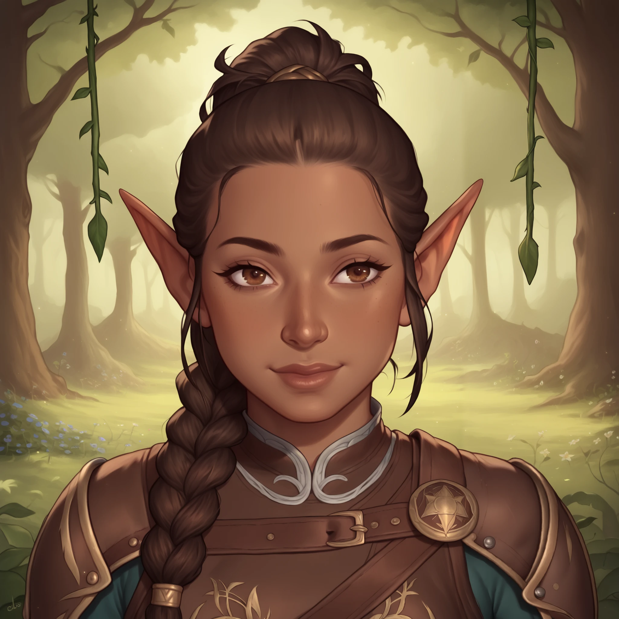 (((beautiful, high quality, comics style, detailed face))), score_9, score_8_up, score_7_up, BREAK, 1girl, solo, elf female, african, dark skin, Chestnut-brown hair, big dark-brown "doe" eyes, hair pulled back, ponytail, braid, stray strands of hair, lovely easy smile, youthful features, young face, chubby, plump, brown leather armor, well-crafted, etched design on leather, carrying curved sword, well-crafted, 1 small round wooden shield, braided vines on shield, vines with flowers on them, protected by magic, forest background, fantasy, blurred background, Expressiveh, detailxl, DeepNegative_xl_v1, zPDXL3