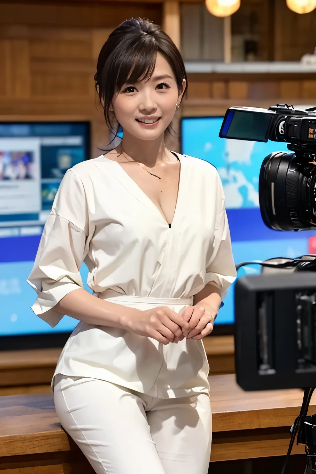 ( Top Quality, 8k, 32K, Masterpiece, Ultra Fine:1.2), 、 cute Japanese girl , short black hair ,NEWS、bangs, 、 slender body、 slender body、Thin arms、Age 25、 Thin Waist, News Studio、、Live Broadcast、 smile at the camera.々 Camera Angle、Mister、 white t-shirt、 short denim pants 、 cleavage in years