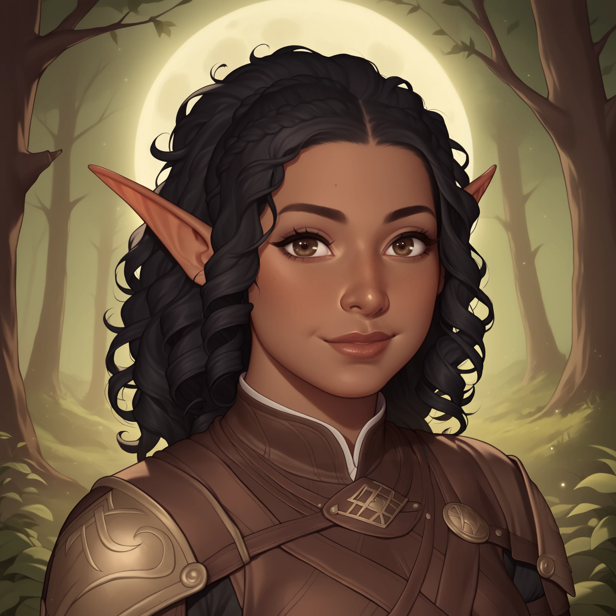 (((beautiful, high quality, comics style, detailed face))), score_9, score_8_up, score_7_up, BREAK, 1girl, solo, elf female, african, dark skin, black hair, long curly hair, thick hair, big dark-brown "doe" eyes, lovely easy smile, youthful features, young face, chubby face, plump, brown leather armor, well-crafted, etched design on leather, at night, full moon, female focus, solo:1.4, portrait, upper body, portrait, looking at the viewer, forest background, fantasy, blurred background, Expressiveh, detailxl, DeepNegative_xl_v1, zPDXL3