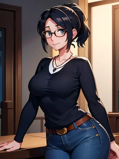 Aunt Cass Hamada from Big Hero 6, blue low-cut sweater, jeans, necklace, friendly expression, tall slender build, medium breasts, grey hair in a ponytail, glasses 