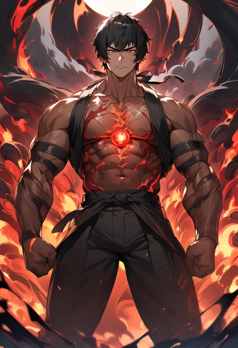 1 man, strong, aura, thunder aura, angry, overpower, red aura, black hair, lighting orange eyes, lighting, dramatics, superpower lighting, without clothes, topless