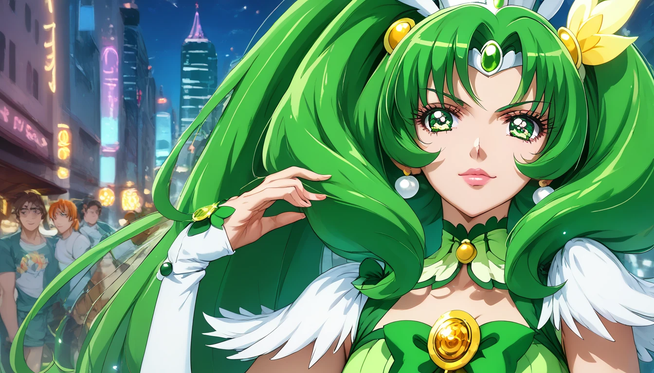  high resolution ,  Masterpiece, precise,  best quality ,  High Detail , โมเดล high resolution ,  Background Converter, City at night, From the Pretty Cure series, , Cure March, Long hair,  green hair ,  Green Eyes,  White pupil, Beautiful eyes, , a very large chest, PUT ON A PREQUEUE, Belted Stockings 