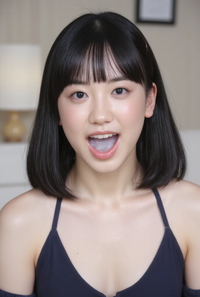 The high resolution photograph of a young Japanese female idol named kakki, solo, 1girl, wearing a off-shoulder dress, face focus, close-up of face, looking at the camera, straight long black hair with blunt bangs, pale skin, detailed face, detailed eyes, seductive eyes, light makeup,
(open mouth, cum in mouth after blowjob), indoors, 