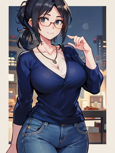 Aunt Cass Hamada from Big Hero 6, blue low-cut sweater, jeans, necklace, friendly expression, tall slender build, medium breasts, grey hair in a ponytail, glasses 