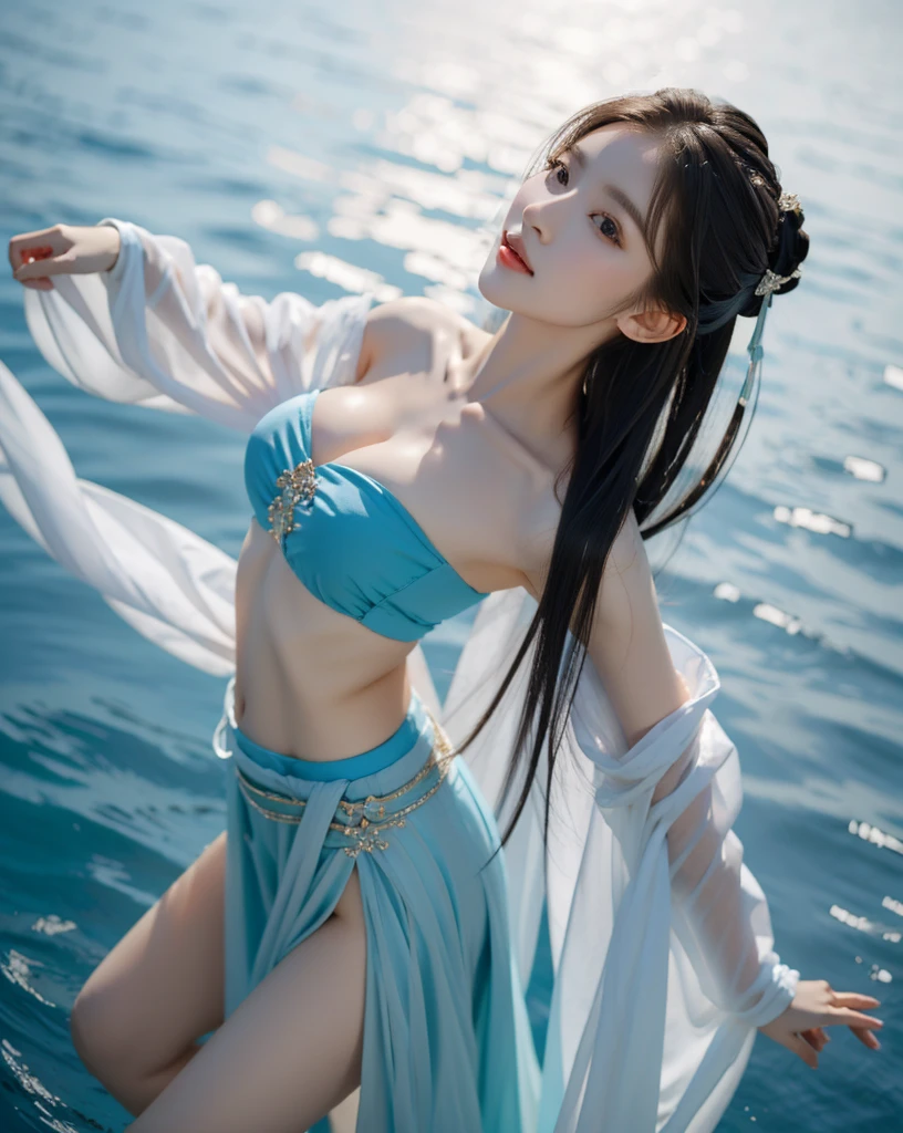 ( Medium breasts)、top-quality、masterpiece、超A high resolution、(Blue Dragon Armor)、(((made of metal))),((( Medium tits)))、(((Detailed white micro bikini))),(Wearing a beautiful crown made of jewels),(Photorealsitic:1.4)、Raw photo、女の子1人、(((Random hair))、(((Take different poses)))、glowy skin、(((black chinese dragon)))、Intricate and ornate hair ornaments、(Looks like a gorgeous jewelry necklace)、(A person who sees with calm and goddess-like eyes)Happiness:1.2)、(metal bikini background)).((Beautiful coral and sea background))、Precipitous cliffs、(ruins background)、((super realistic details))、portlate、globalillumination、(sexypose)、Shadow、octan render、8K、 Medium tits、Raw skin exposed in the cleavage、metals、Details of complex ornaments、Japan details、highly intricate detail、Realistic light、CG Society Trenlow Eyes、Eyes shining towards the camera、Toostock、(veils)、(((Light Medium ))),Shining eyes shine、Armpit、