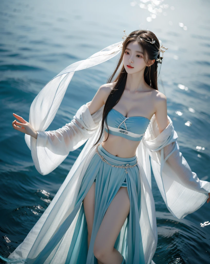 Beautiful woman with perfect body：1.4，Layered Hairstyle，Prominent cleavage，Highly detailed face and skin textures，Double eyelids，Skin Whitening，Long hair，Whitened long legs，（Black Hanfu）Standing by the sea