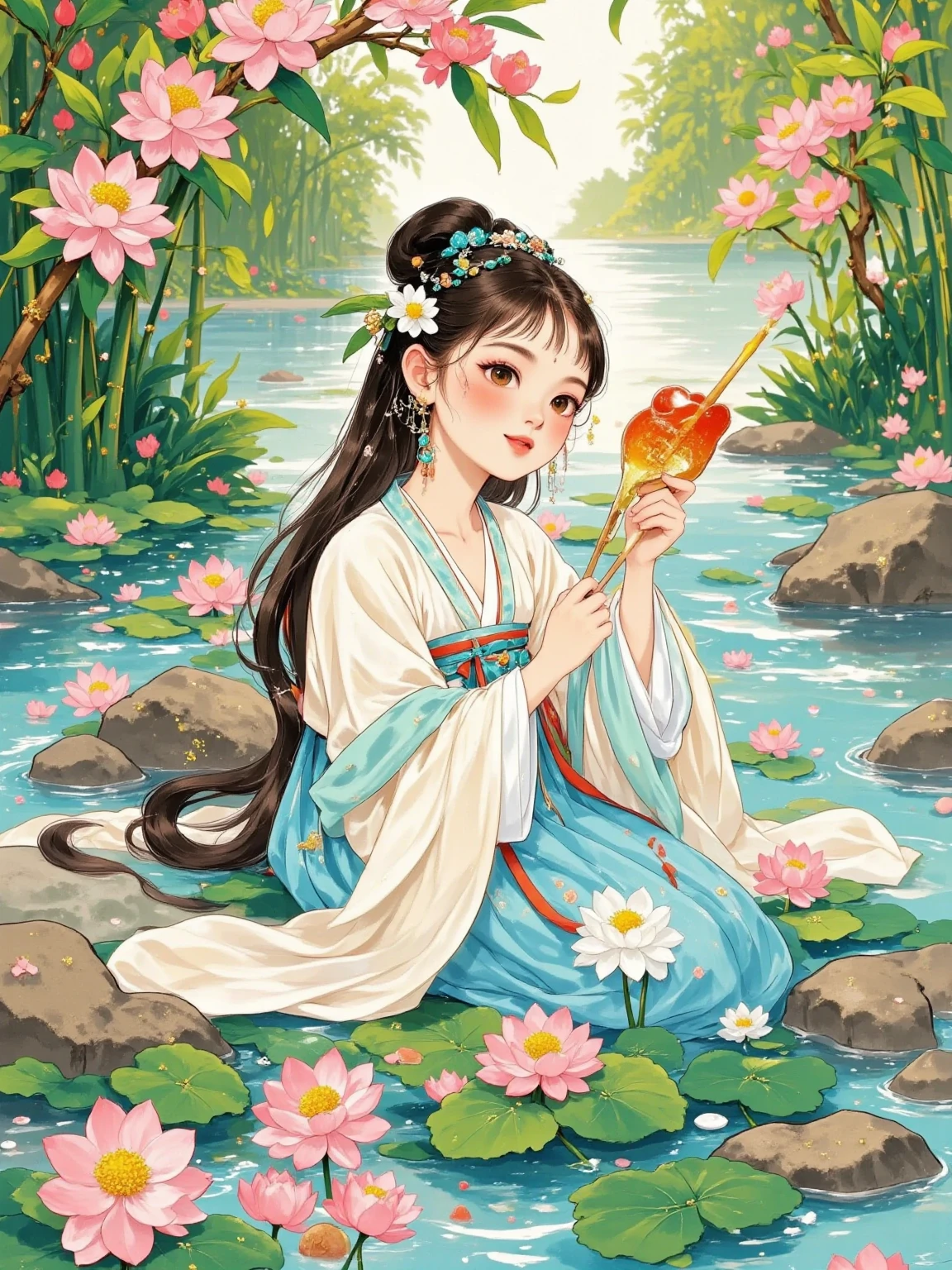  The quiet and deep valley ， Cherry Blossoms ， Clear Spring Sings ，Silence。 The Goddess wears a white plain yarn coat ，Sleeves fluttering， Not too many decorations ，, only the cuffs are light blue Silk thread 。 She sits on a rock by the creek ， with long hair like a waterfall ， with a green bamboo hairpin ， Feeling Cool 。 with a jade in her hand ， and gently blows it on her lips ， The sound of the flutters is ethereal and gentle ，Echoing Valley 。 under backlight ， is shrouded in halo ， The surrounding green bamboo light and shadows are mottled ， large aperture bokeh background ， Ultra HD picture quality brings out this otherworldly hidden beauty。