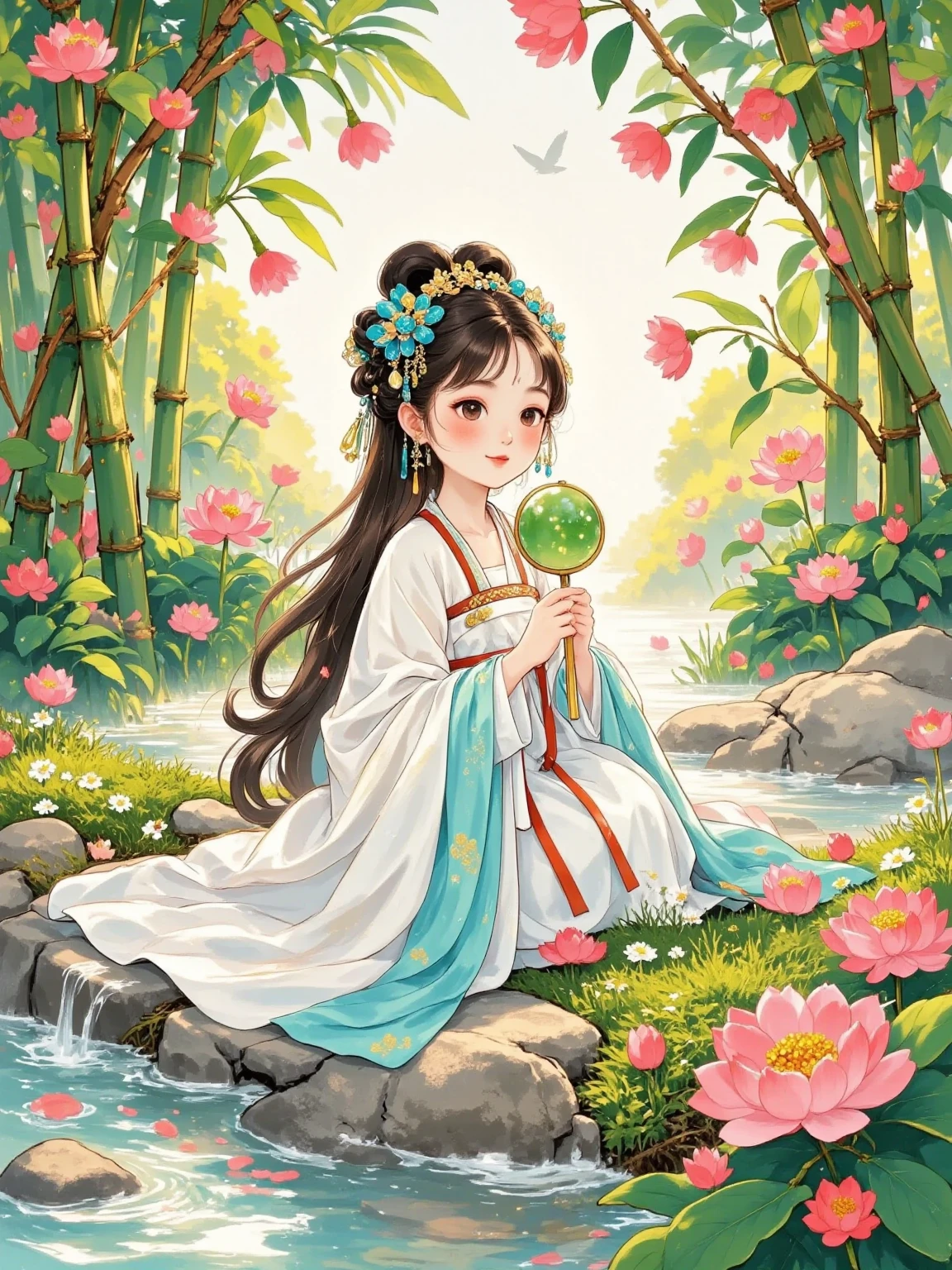  The quiet and deep valley ， Cherry Blossoms ， Clear Spring Sings ，Silence。 The Goddess wears a white plain yarn coat ，Sleeves fluttering， Not too many decorations ，, only the cuffs are light blue Silk thread 。 She sits on a rock by the creek ， with long hair like a waterfall ， with a green bamboo hairpin ， Feeling Cool 。 with a jade in her hand ， and gently blows it on her lips ， The sound of the flutters is ethereal and gentle ，Echoing Valley 。 under backlight ， is shrouded in halo ， The surrounding green bamboo light and shadows are mottled ， large aperture bokeh background ， Ultra HD picture quality brings out this otherworldly hidden beauty。