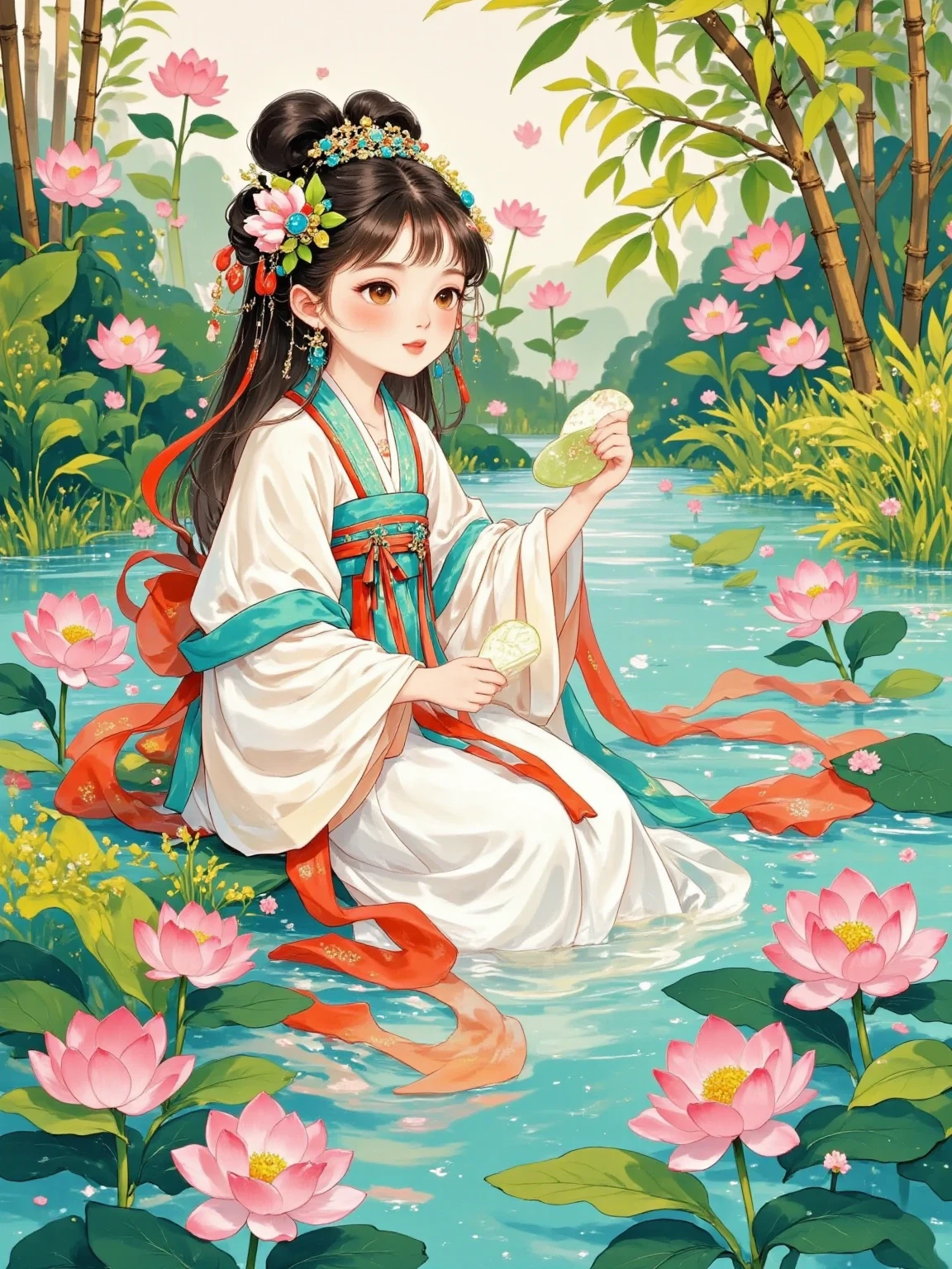  The quiet and deep valley ， Cherry Blossoms ， Clear Spring Sings ，Silence。 The Goddess wears a white plain yarn coat ，Sleeves fluttering， Not too many decorations ，, only the cuffs are light blue Silk thread 。 She sits on a rock by the creek ， with long hair like a waterfall ， with a green bamboo hairpin ， Feeling Cool 。 with a jade in her hand ， and gently blows it on her lips ， The sound of the flutters is ethereal and gentle ，Echoing Valley 。 under backlight ， is shrouded in halo ， The surrounding green bamboo light and shadows are mottled ， large aperture bokeh background ， Ultra HD picture quality brings out this otherworldly hidden beauty。