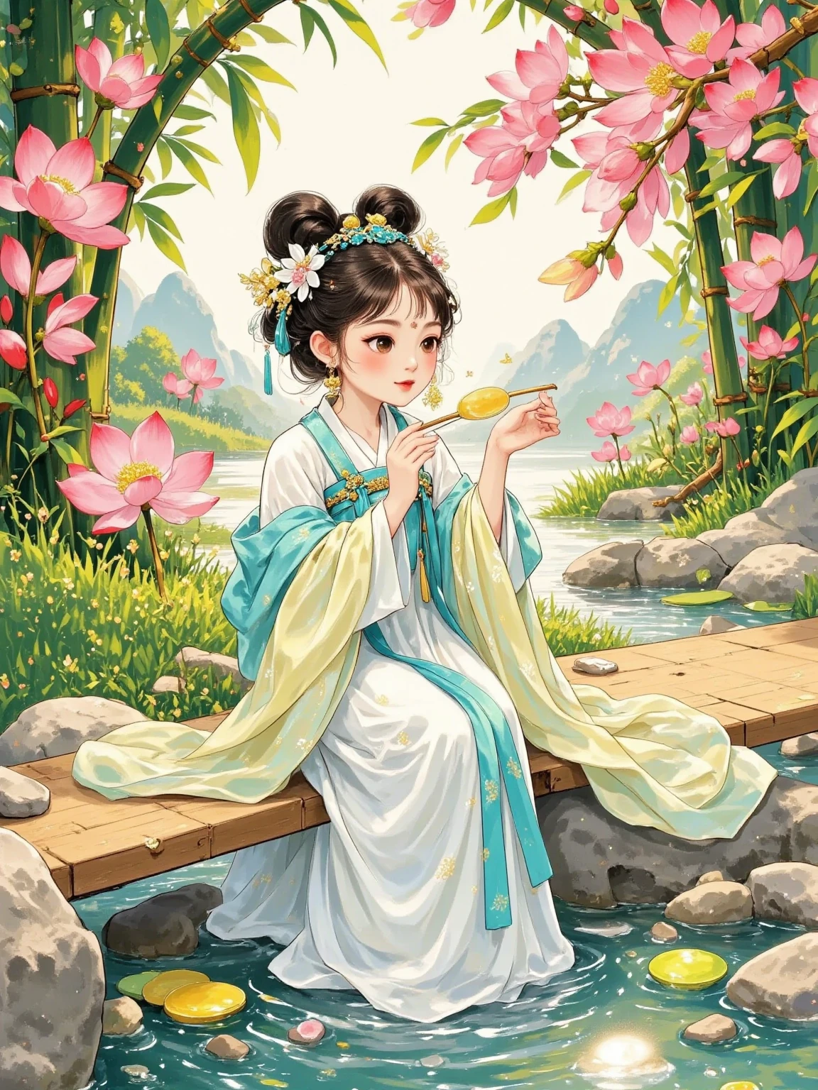  The quiet and deep valley ， Cherry Blossoms ， Clear Spring Sings ，Silence。 The Goddess wears a white plain yarn coat ，Sleeves fluttering， Not too many decorations ，, only the cuffs are light blue Silk thread 。 She sits on a rock by the creek ， with long hair like a waterfall ， with a green bamboo hairpin ， Feeling Cool 。 with a jade in her hand ， and gently blows it on her lips ， The sound of the flutters is ethereal and gentle ，Echoing Valley 。 under backlight ， is shrouded in halo ， The surrounding green bamboo light and shadows are mottled ， large aperture bokeh background ， Ultra HD picture quality brings out this otherworldly hidden beauty。