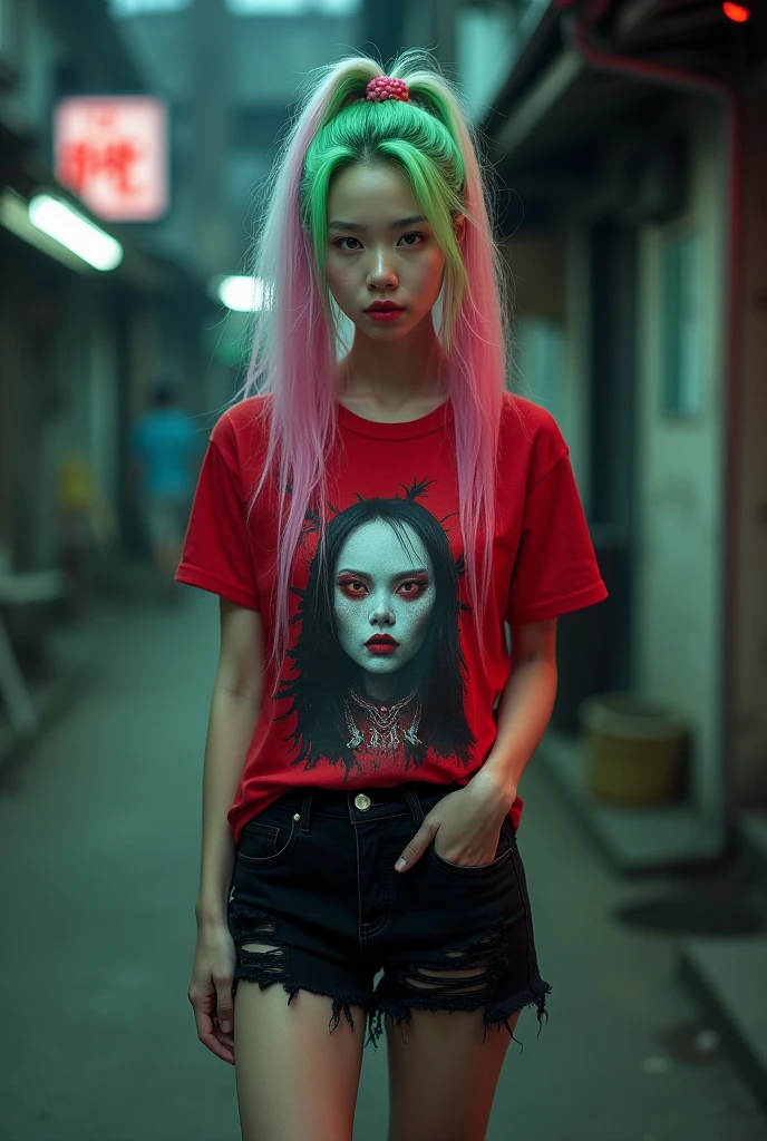 A photo of a young woman, asia, Jennie Kim, Blackpink, with vibrant pink hair standing amidst a crowd of zombies. She wears a distressed white shirt stained with blood and has a piercing on her lower lip. The zombies around her display various degrees of decay, with some having exposed brains and others showing open wounds. The setting appears to be an urban environment, possibly a street, with buildings in the background.
