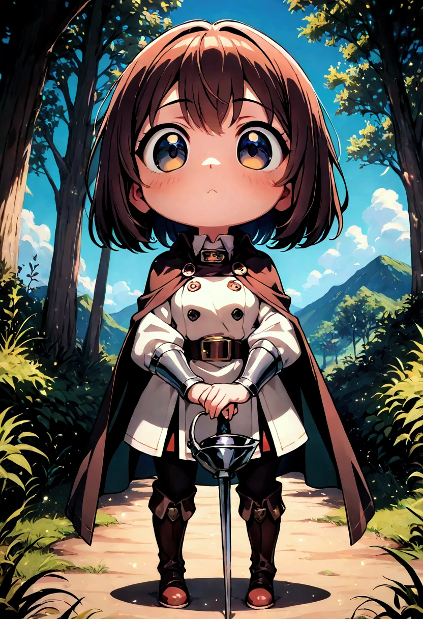 （masterpiece, best quality :1.2),Alone,full body,a woman/( dark reddish brown hair , short hair , big eyes, cool expression),Knight's Outfit ( more details), holding a rapier in one hand,background/(blue sky and forest )