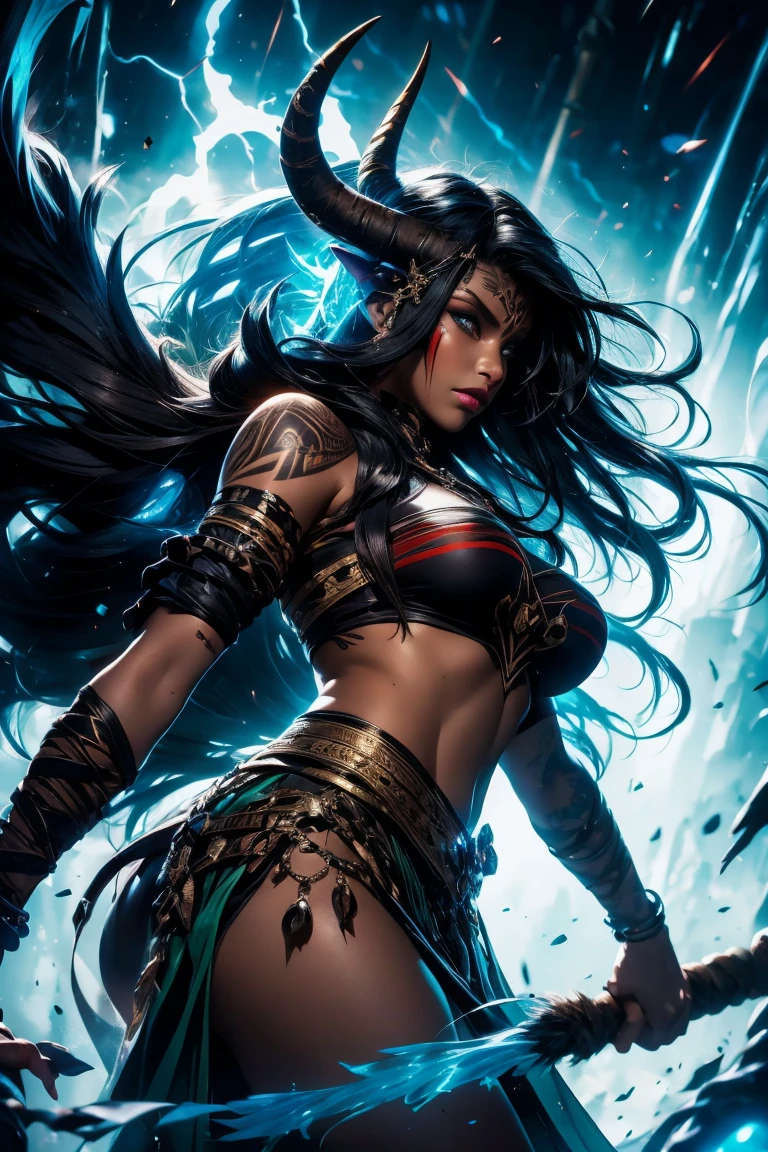 An illustration resembling Frank Frazetta's work, depicting a fierce armored female, bold and intense colors, determined expression, dramatic lighting, epic atmosphere --v 5 --stylize 1000