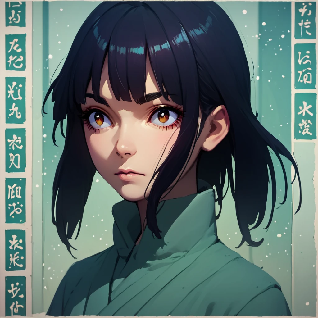 Create a variation of the Japanese character, with eyes looking to the right .  Using the same background details.