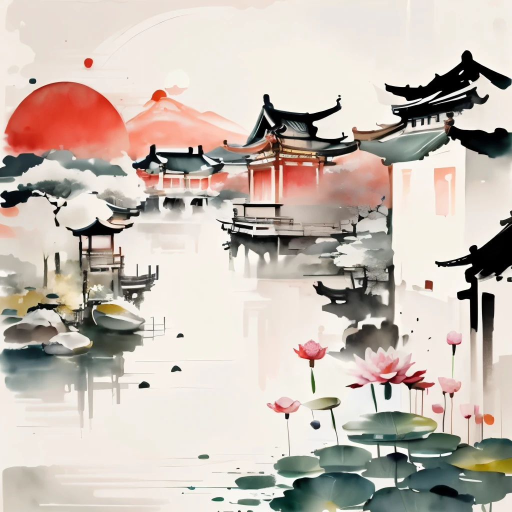 Draw a river with lots of water lilies and pagodas,  Chinese Style Painting , inspired author：Sun Kehong, Traditional Chinese painting, Chinese painting style, traditional  Middle, Dreamy Chinatown,  Chinese watercolor style , Chinese Village,  Middle,  traditional Chinese art , author：Sun Kehong, by Dong Qichang, Traditional Chinese watercolor painting