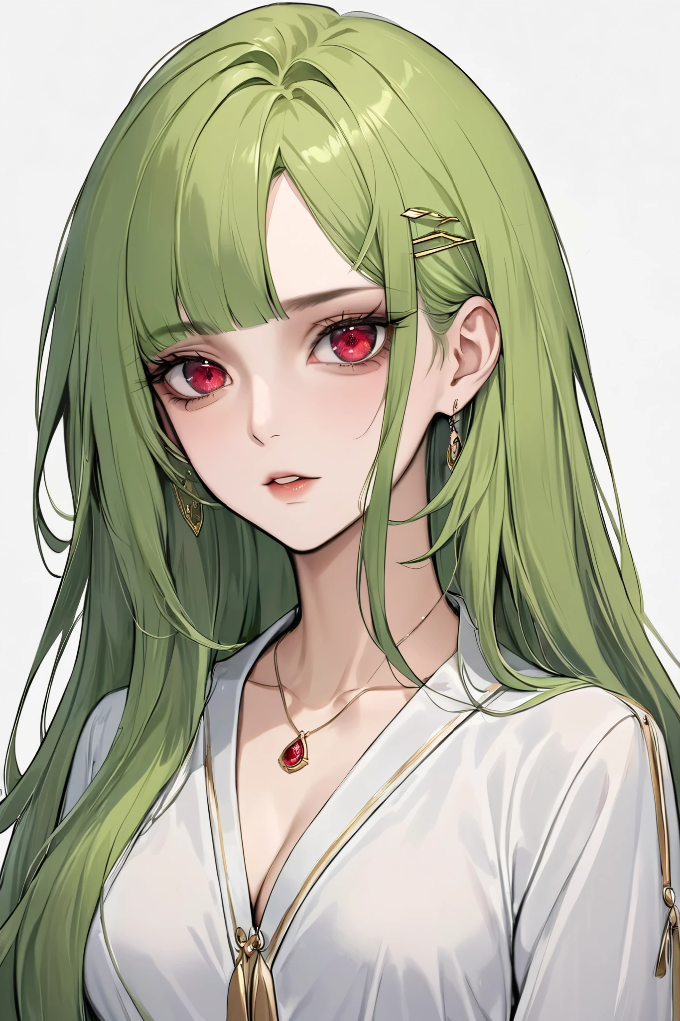 masterpiece, best quality, highres, absurdres, source_anime, colourful, woman, beautiful, refined, youthful, womanly, mature, Green long hair, green long hair, silver hairpins, long hair, smooth hair, clean hair, straight bangs, confident expression, sassy expression, ruby eyes, red eyes, sharp eyes, expressive eyes, pale skin, exposed neck, medium breasts, slim figure, petite figure, white robe, v-neck, collarbone, gold lining, gold trimming,