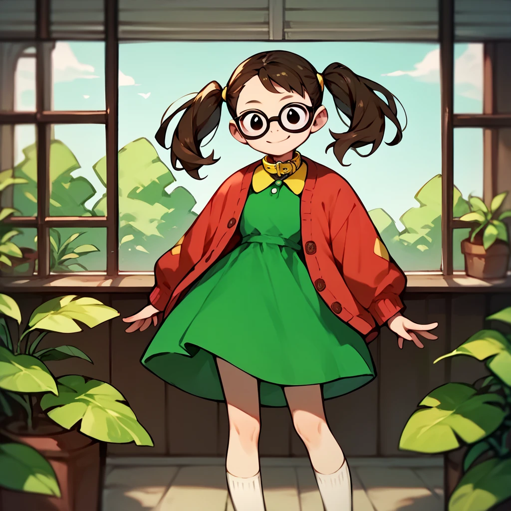  chilindrina, 1 woman, Dark brown hair, pigtails,  black eyes, parts, glasses, open red cardigan ,  green dress with yellow collar,  yellow pocket dress , socks,  smiling at the spectator ,