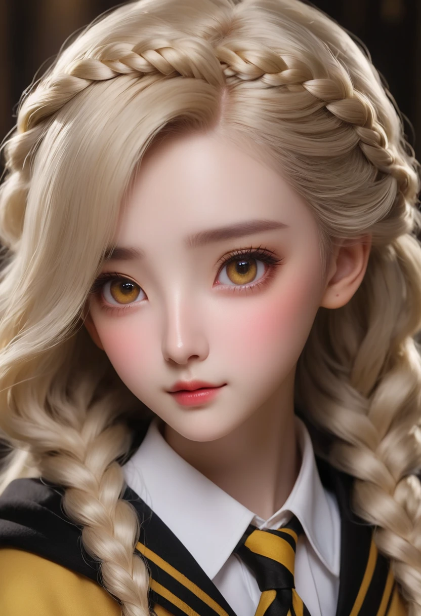  best quality 、Masterpiece、Hogwarts students、Hufflepuff、I have my ivory-colored hair loosely braided。Shine、Golden Eyes、 detail eyes with dark dark hair、 detailed face 、Beautiful skin。