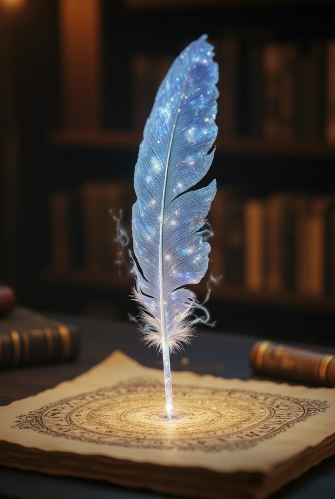 The poster title "LLM" is in the middle of the screen, the poster screen“ blending humorously into the laid-back, A hyper-realistic close-up of an enchanted quill, its feather shimmering with a soft, pearlescent glow in shades of blue and silver. The quillâs tip is made of fine crystal, sparkling as it hovers just above a parchment covered in glowing, golden runes. The background is a blurred, dimly lit study filled with ancient books and scrolls, creating a warm, scholarly atmosphere. Semi-transparent wisps of magical energy coil around the quill, enhancing its ethereal quality. Realistic shading and highlights emphasize the softness of the feather, with subtle variations in color that catch the light. The crystal tip of the quill refracts light, creating a delicate prism effect on the parchment. One glowing rune pulses faintly as the quill hovers, poised to continue writing its mystical script.near the bottom-middle of the image, ”