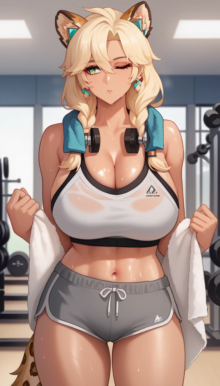 NTR, masterpiece, infidelity, Score_9, score_8_up, score_7_up, score_6_superior, source_anime, rating:general, 1girl, beautiful woman, beautiful body, body heat, tan skin, curvy, mature, big breasts, sweating, makeup, (ultra detailed eyes:1.1), g0thicPXL, masterpiece, best quality, solo, 1girl, lpsrgnbt, dark-skinned female, very sweaty, expressionless, looking away, standing, wiping sweat, long hair, hair between eyes, twin braids, hair tubes, animal hat, green eyes, one eye closed, grey sports bra, grey shorts, dolphin shorts, micro shorts, towel around neck, bare shoulders, indoors, gym, weights
blonde hair, dog ears, leopard tail, Xilonen \(genshinimpact\), 8k, high quality, wallpaper