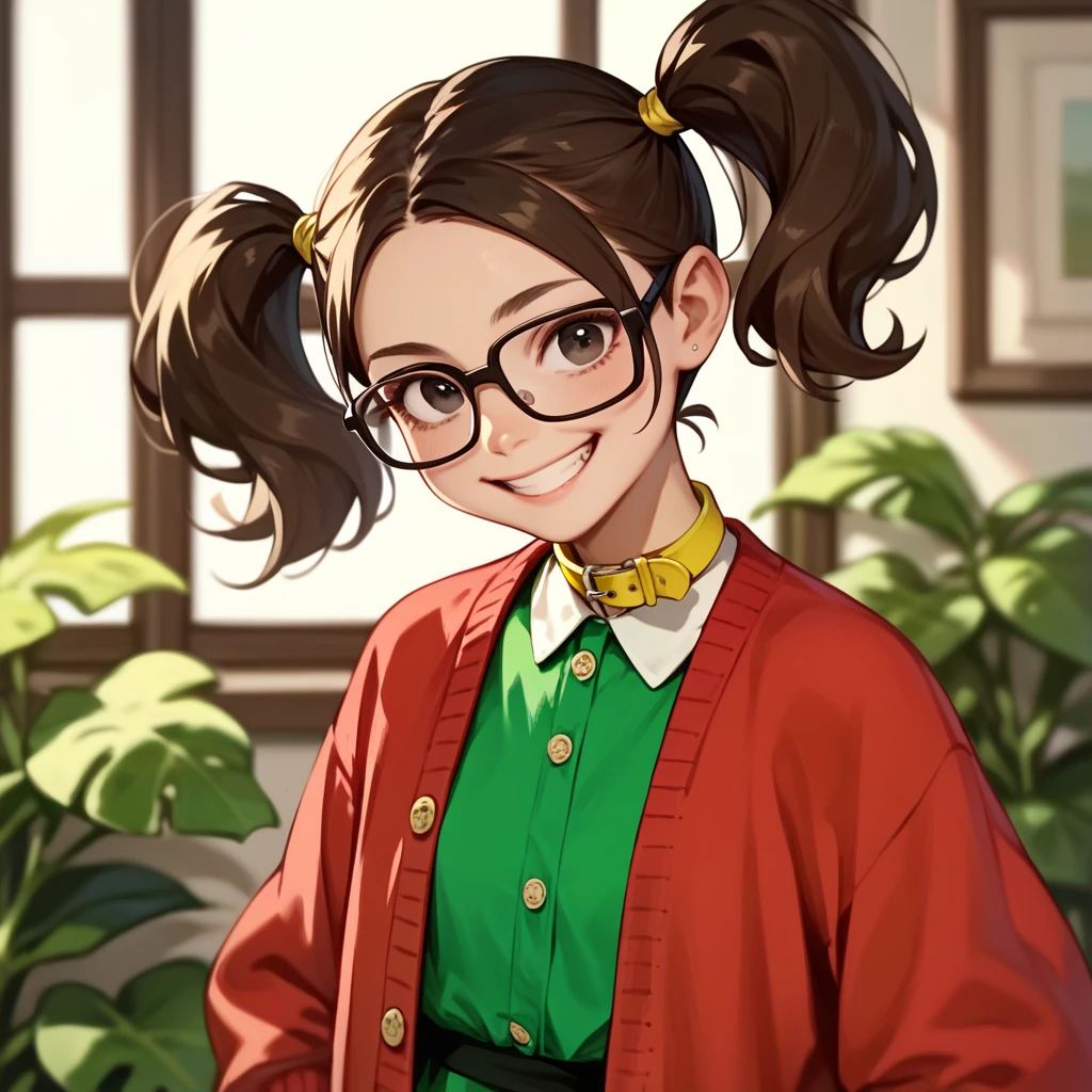 chilindrina, 1 woman, Dark brown hair, pigtails,  black eyes, parts, glasses, open red cardigan ,  green dress with yellow collar,  yellow pocket dress , socks,  smiling at the spectator ,