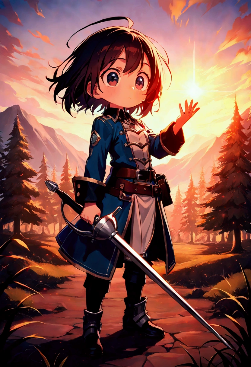 （masterpiece, best quality :1.2),Alone,full body,a woman/( dark reddish brown hair , short hair , big eyes, cool expression),Knight's Outfit ( more details), holding a rapier in one hand,background/( blue sky,Bright Forest)