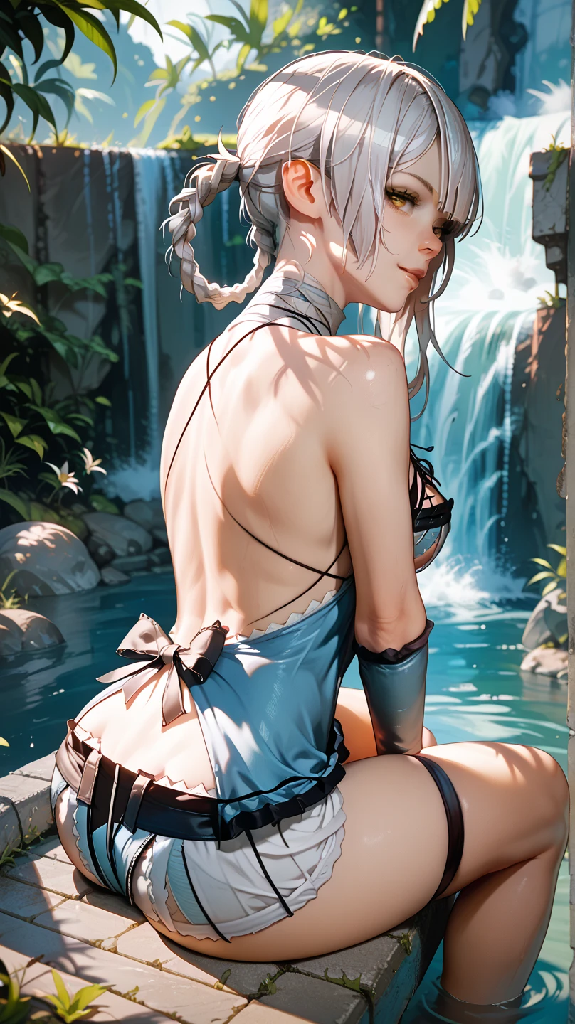   Sexy Kaine ,UHD, on a bridge,  in the background of a waterfall,  silver hair, pose sexy, sitting, 