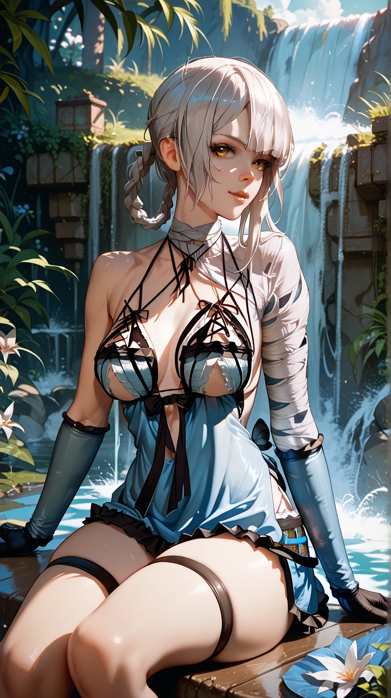   Sexy Kaine ,UHD, on a bridge,  in the background of a waterfall,  silver hair, pose sexy, sitting, 