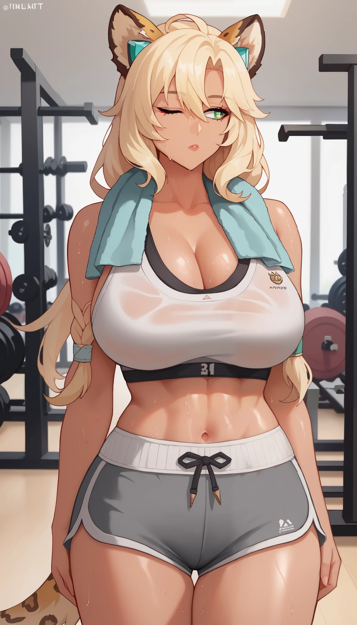 NTR, masterpiece, infidelity, Score_9, score_8_up, score_7_up, score_6_superior, source_anime, rating:general, 1girl, beautiful woman, beautiful body, body heat, tan skin, curvy, mature, big breasts, sweating, makeup, (ultra detailed eyes:1.1), g0thicPXL, masterpiece, best quality, solo, 1girl, lpsrgnbt, dark-skinned female, very sweaty, expressionless, looking away, standing, wiping sweat, long hair, hair between eyes, twin braids, hair tubes, animal hat, green eyes, one eye closed, grey sports bra, grey shorts, dolphin shorts, micro shorts, towel around neck, bare shoulders, indoors, gym, weights
blonde hair, dog ears, leopard tail, Xilonen \(genshinimpact\), 8k, high quality, wallpaper