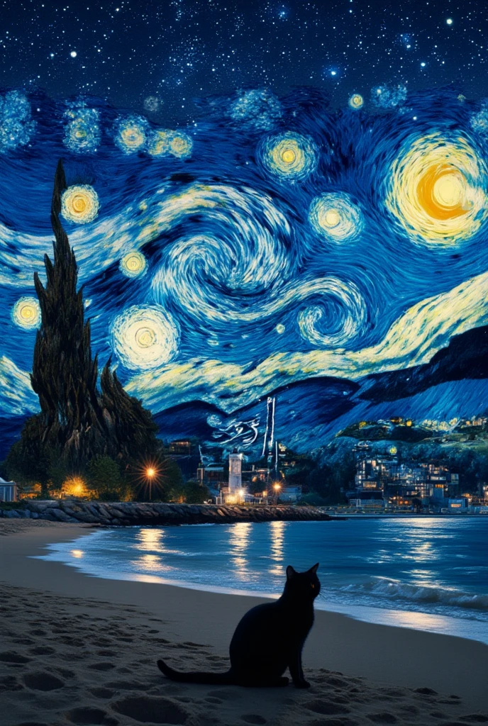 The poster title "Flux IPAdapter" is in the middle of the screen, the poster screen“overlaying scene.on the beach at night, under a bright starry sky with swirl patterns ((The sky is filled with Van Gogh style, twisted into swirl lines, creating a feeling of movement, as if the stars and clouds are pulsating and rotating)) 
A black cat sits on the shore. In the background you can see a lighthouse, illuminating the shore and the houses nearby, creating an atmosphere of comfort and mystery.”