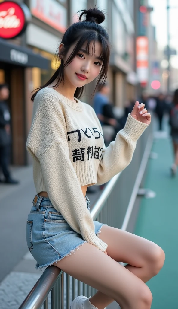 ((Best picture quality, 8K, tmasterpiece:1.3)), 1girll, Casual hairstyle, （off-shoulder blouse，Short pleated skirt：1.3）,（wet see through clothes：1.4），Ultra-fine face, A detailed eye, 二重まぶた，（long leges：1.4），（athletic sneakers：1.3）Erlang legs，Sit on a high platform