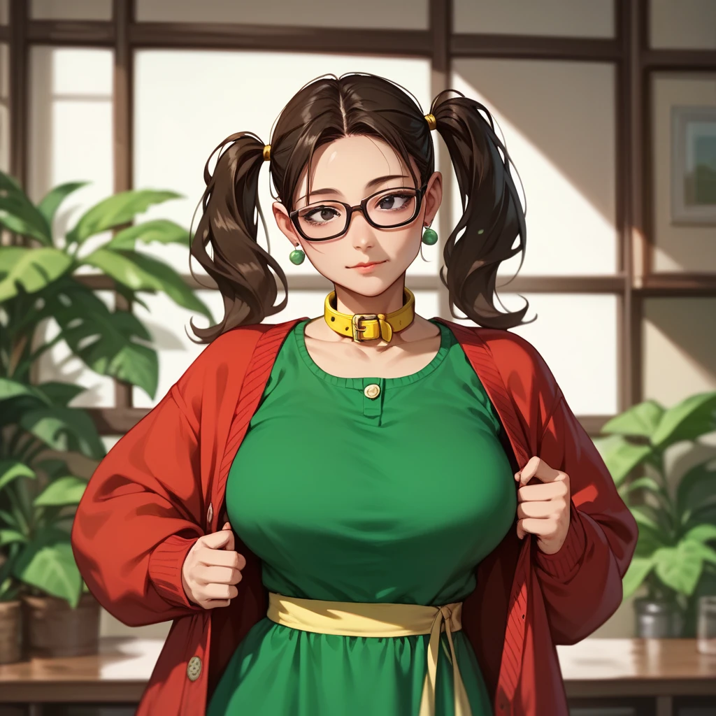 chilindrina, 1 woman, Dark brown hair, pigtails,  black eyes, parts, glasses, open red cardigan ,  green dress with yellow collar,  yellow pocket dress , socks,  Full body . Big breasts. sexy .  mature woman.