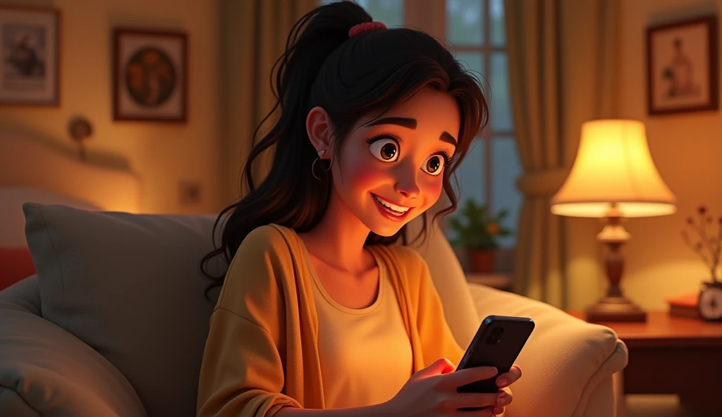 Generate in cinematic 3d cartoon styleA woman sitting in a cozy room, holding her phone, smiling warmly, and blushing slightly while responding.