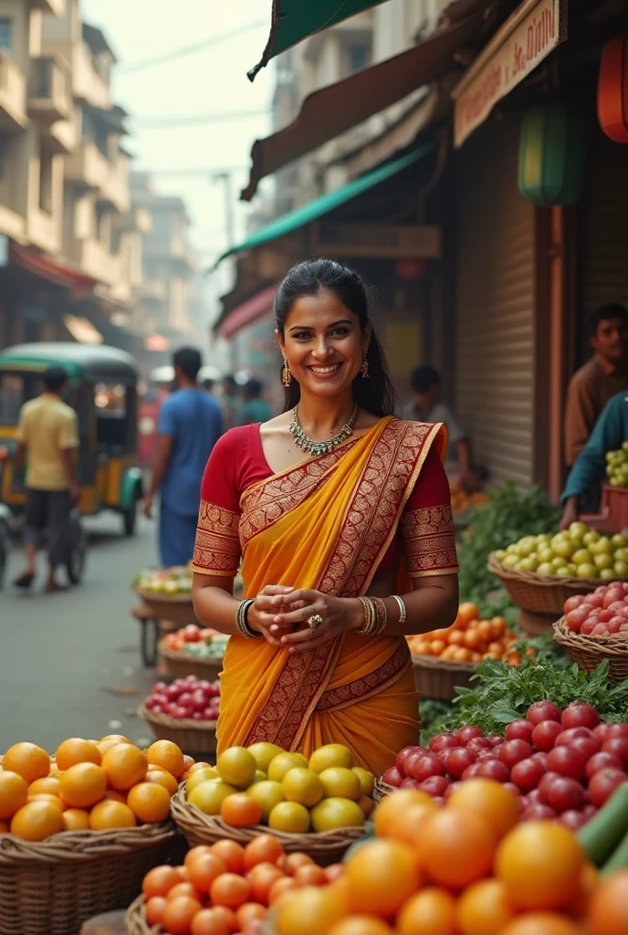 1Indian woman in sari, in the bazaar in Delhi, carries a basket of vegetables, hyper realisitc, real-photo, ultradetail