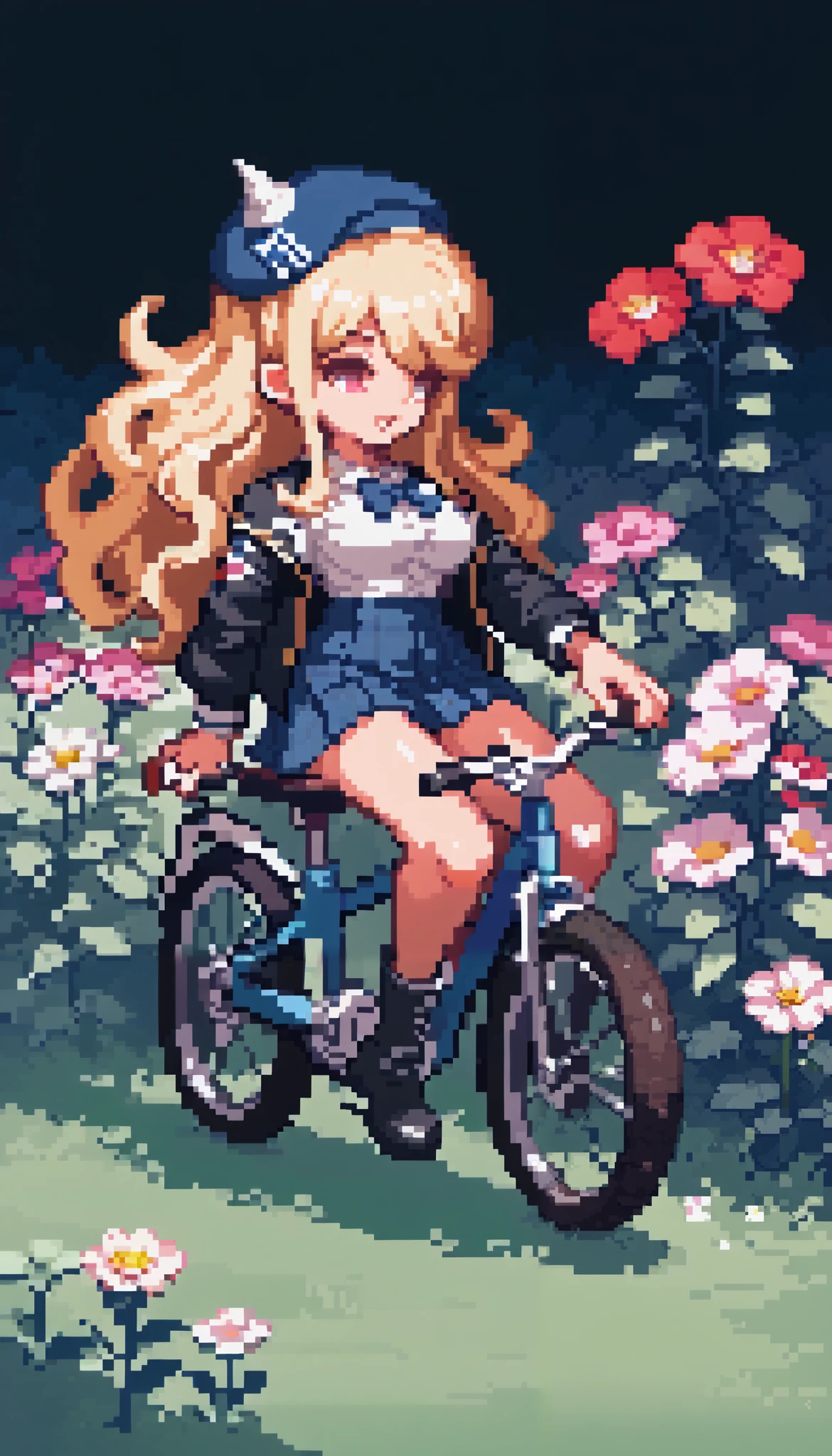  Anatomically Correct , Pixel style:1.5,  Beautiful full body girl  ,  sitting on a bike with baskets full of flowers, ((manga pixel style :1.5)), Linear  , She is profile  , ( masterpiece,  highest quality :1.2),  A person riding a bicycle , alone、 high school girl 、uniform、from the side、watercolor style、 Linear  , She is on her back from the camera ,  red and black plaid miniskirt  ,  three-quarter fishnet stockings  , long black boots,  white sweatshirt with red letters  ,  fluttering in the wind  , red wool hat  ,  red and black jacket that falls on your shoulders ,  field background at dusk  , flores , Going down a hill,  an anime drawing by Masamune Shirow  ,  dynamic and sensual pose  , trend on pixiv, Furry art, Danganronpa digital art,  Anime style ,  Anime style ”, Blonde anime girl with long hair ,  High-quality anime art style  ,  ranked among the best in pixiv  ,  Beautiful high school anime girl  , obra de arte de  Anime style ,  anime illustration trend 