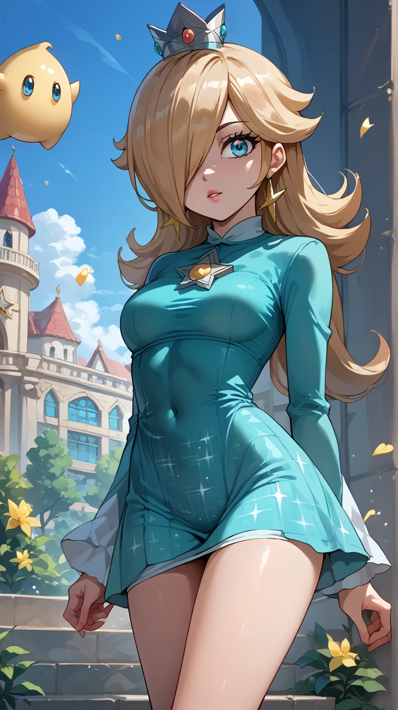 IncrsRsln, hair over one eye, crown, Blond hair, small boobs, petite,thin, slim waist, slim, score_9,score_8,score_7, score_6,score_5,score_4,score_3_up, blue eyes, tight dress, kneupskirt accident