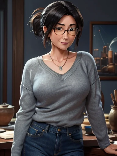 (Masterpiece: 1.0), Best quality, Aunt Cass Hamada from Big Hero 6, blue low-cut sweater, jeans, necklace, friendly expression, tall slender build, smaller breasts, grey hair in a ponytail, glasses, oil painting 