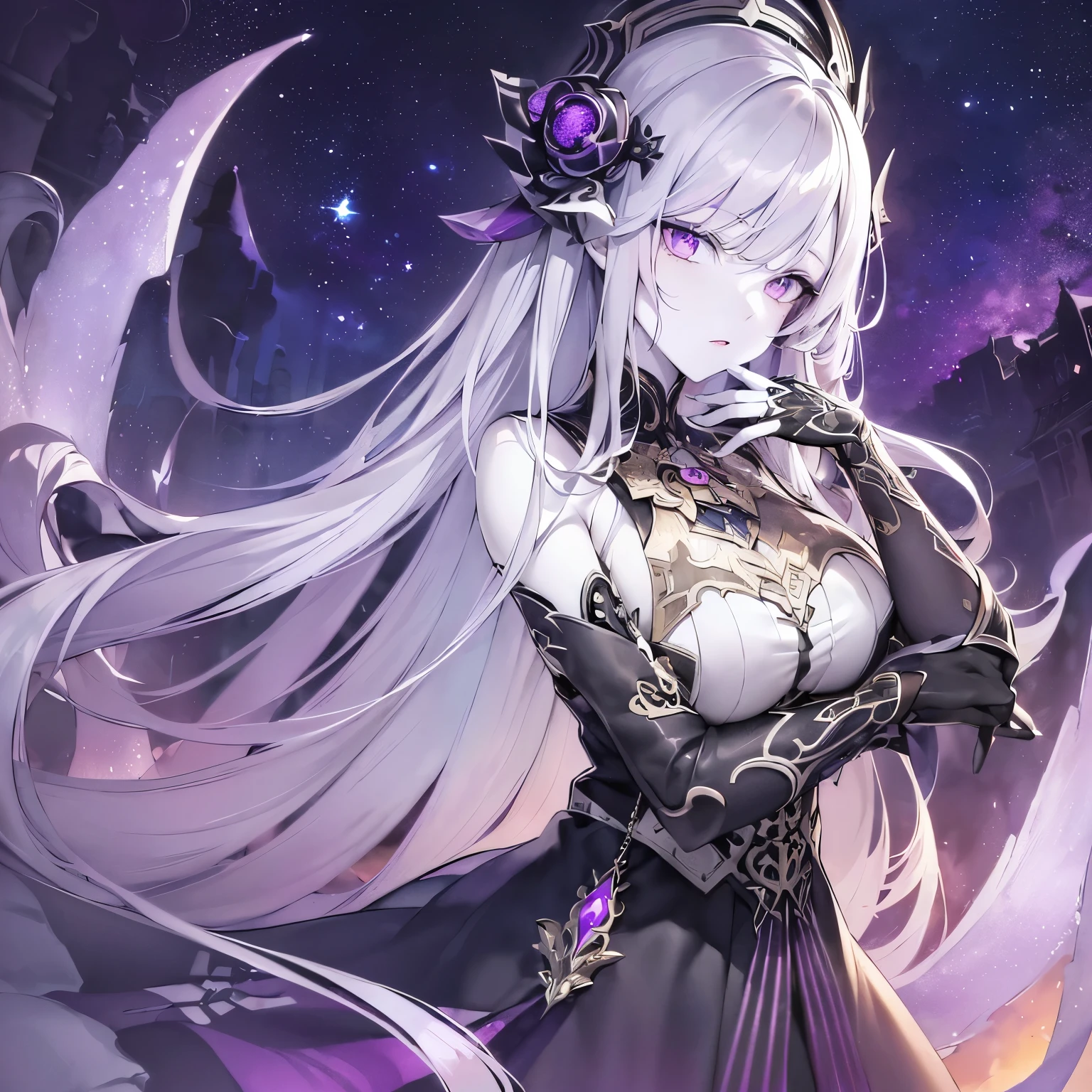 （（（highest quality、first-clasasterpiece、Normal body、8k、Detailed face、Ultra-precision、Normal hand、Normal finger、５Finger、）））Silver Hair、Princess、Black Dress、Black Skirt、Ridiculous Costumes、Shiny Tiara、Metal Boots、Death Scythe、Fantastic Scythe、Dark Scythe、Grim Reaper、grim Reaper、Milky Way、big bang、Supernova、Black Hole、巨大なmagic陣、背後にmagic陣、magic、Magic Light、magic cirlcle、Hel&Haven