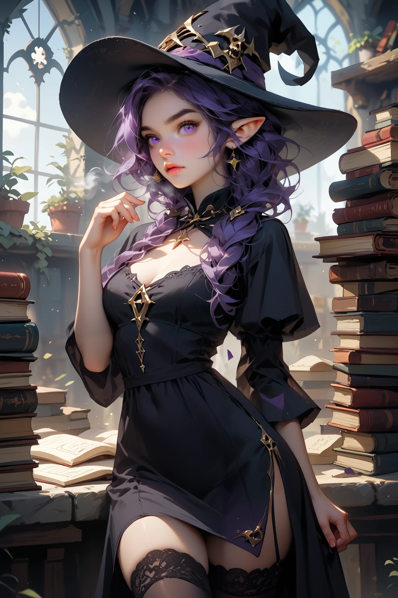 A cute yet dominant purple-haired witch with big, pointy ears rocks a black witch hat decked out with gold rings and a purple ribbon. She's sporting a tight, low-cut black dress that shows off her cleavage and has a slit on the side, purple thigh-high stockings and black 7-inch high-heel slippers. Her skin is pale, her hair purple and curly, she's got a bewildered look on her face. Behind her, there's a stone archway with ivy climbing up it, and a misty castle in the background, She is a ((clumsy and inexperienced witch)), but she doesn't want to admit it to anyone including herself
Maggie takes a deep breath, steadying herself for the fateful day she would summon her own familiar to command and bend to her will. The possibilities ran through her mind faster than she had time to think it through, an double-dick ogre, a submissive demon… Or even a tentacled monster! Whatever helped Maggie accomplish her erotic dreams would suffice, Maggie left her dungeon and went out into the garden, just in case her spell caused an explosion, Again… Taking a deep breath, she snaps her fingers, a book levitates and flies out of the library window above her. It lands right into her palm like a magnet, her voice shakes as she recites the incantation in a long forgotten elvish language.