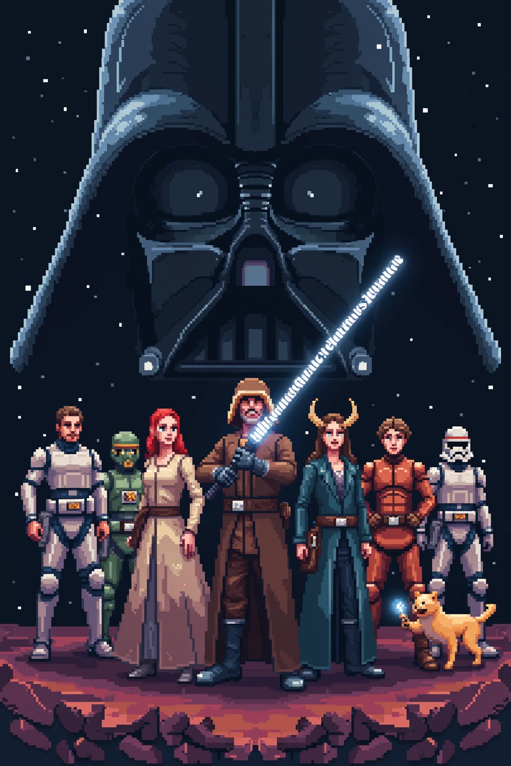 Pixel art video game theme, major Star Wars characters, Star Wars text in background, text stylish and large